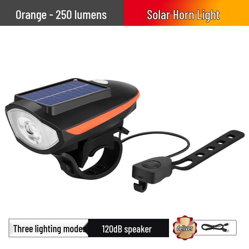 

Solar-Powered USB Rechargeable Bicycle Front Light with Horn for Night Riding оранжевый