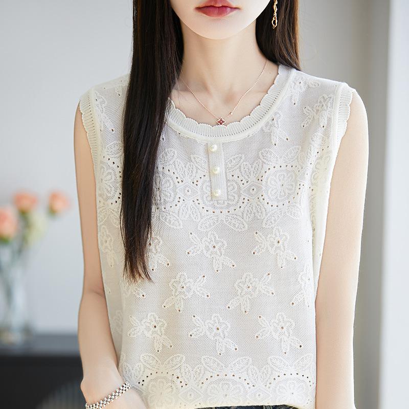 

Summer New Round-neck Lace Pearl Vest, Versatile Knitted Short-sleeved Women s Base Layer Top M брудно-білий