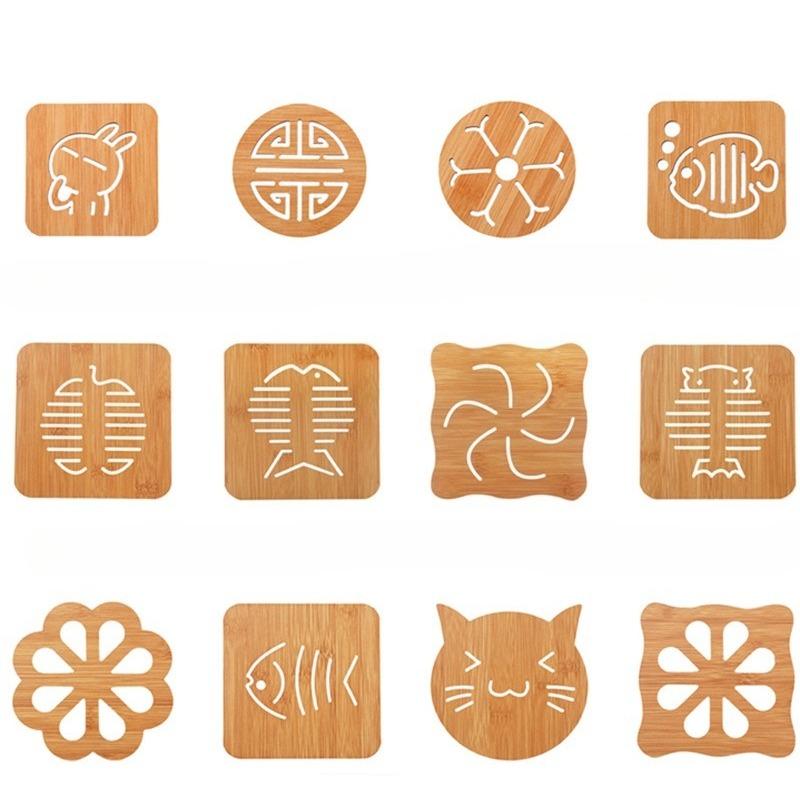 Household kitchen wooden insulation mat, square, cartoon, animal shaped dining table mat, thick, heat-resistant, hollow, non slip coaster