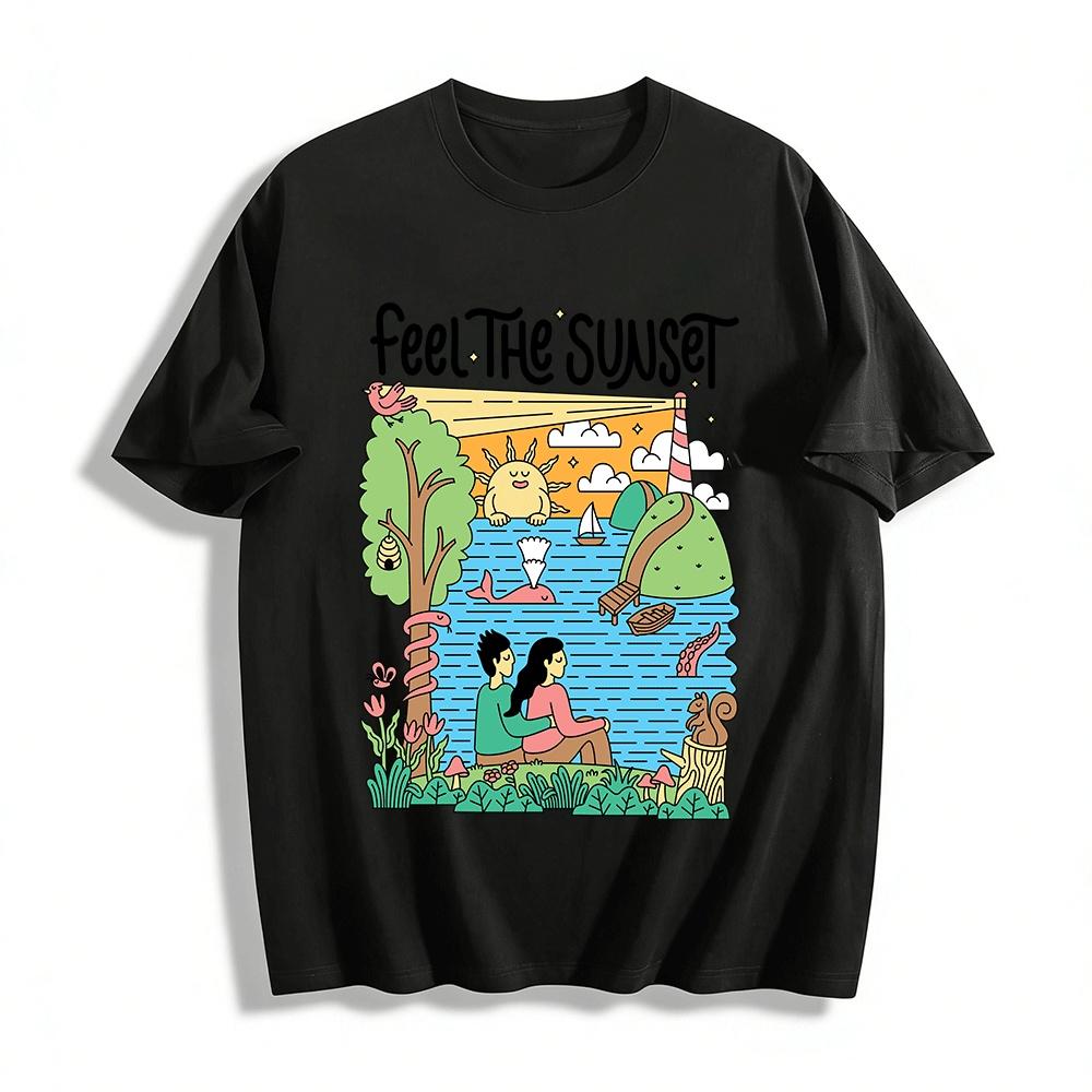 

Feel The Sunset Printed Tee Romantic Seaside Scene Casual Top Pure cotton T-shirt XXS