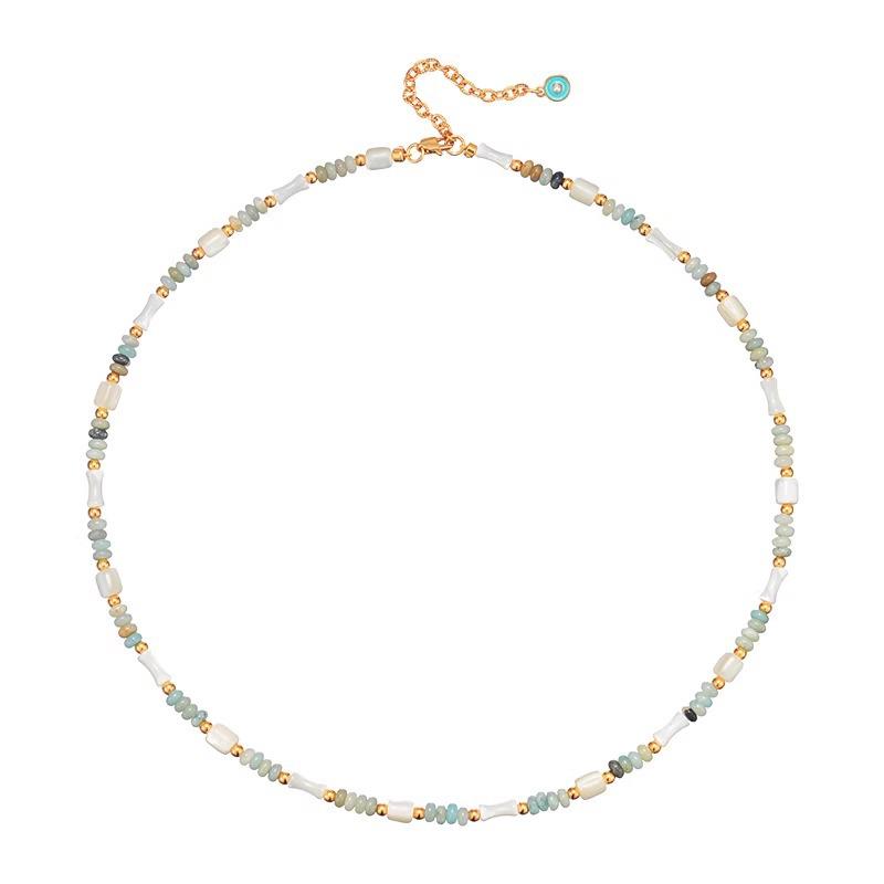 Elegant Green Stone & Mother-of-Pearl Bamboo Necklace – Women's Mixed Metal Choker