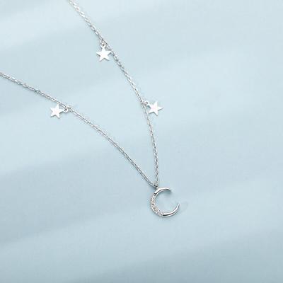 925 Sterling Silver Tassel Star Moon Charm Necklace For Women Creative Chain Pendant Elegant Party Jewelry Dz508