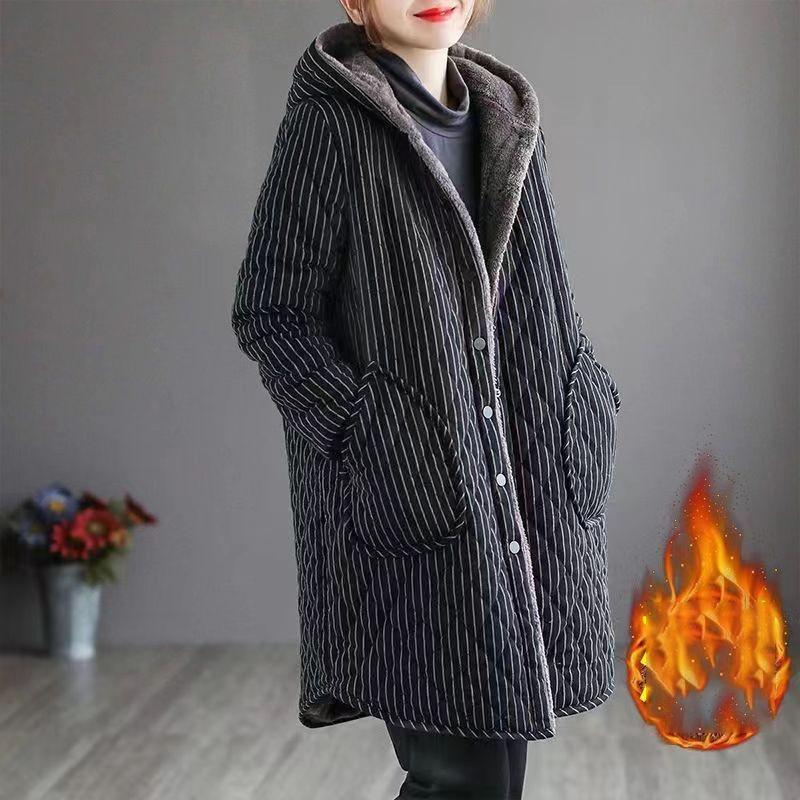 Giacca di Cotone a Righe Autunno Inverno Donna Caldo Peluche Ispessito Cappotto con Cappuccio Moda Largo Femminile Casual Soprabito Lungo