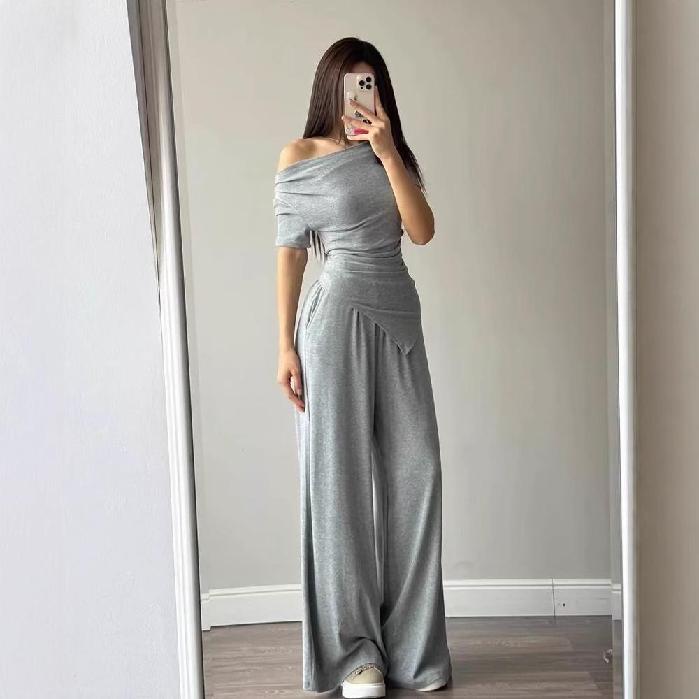 European & American Style Off-Shoulder Knit Top and Wide Leg Pant Set for Women