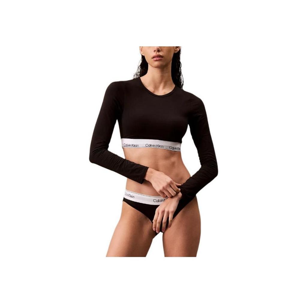 Calvin Klein Fitted Crew Neck Soft Letter Long Sleeve Wireless Bra Women Underwear Black QF8009-001
