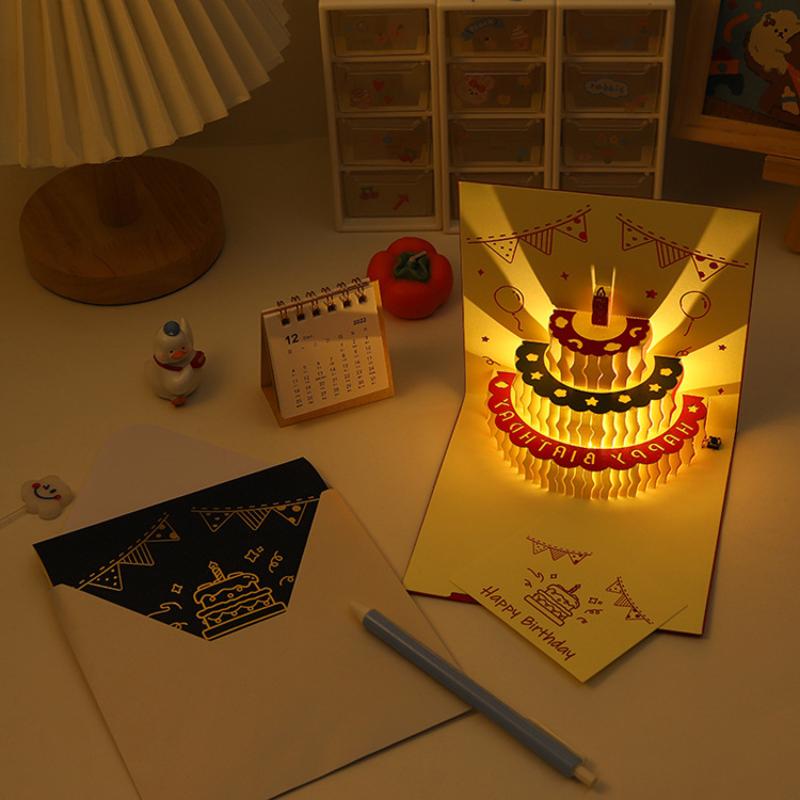 3D Birthday Cake Card with LED Lights Pop-Up Greeting Card, Includes Envelope, Postcard, and Wishing Card