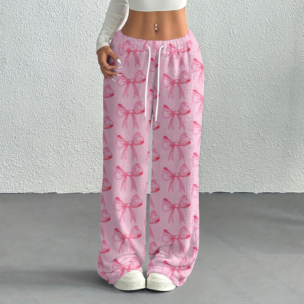Women's Casual Fashion Printed Elastic Waist Loose Straight Leg Pants With Rope
