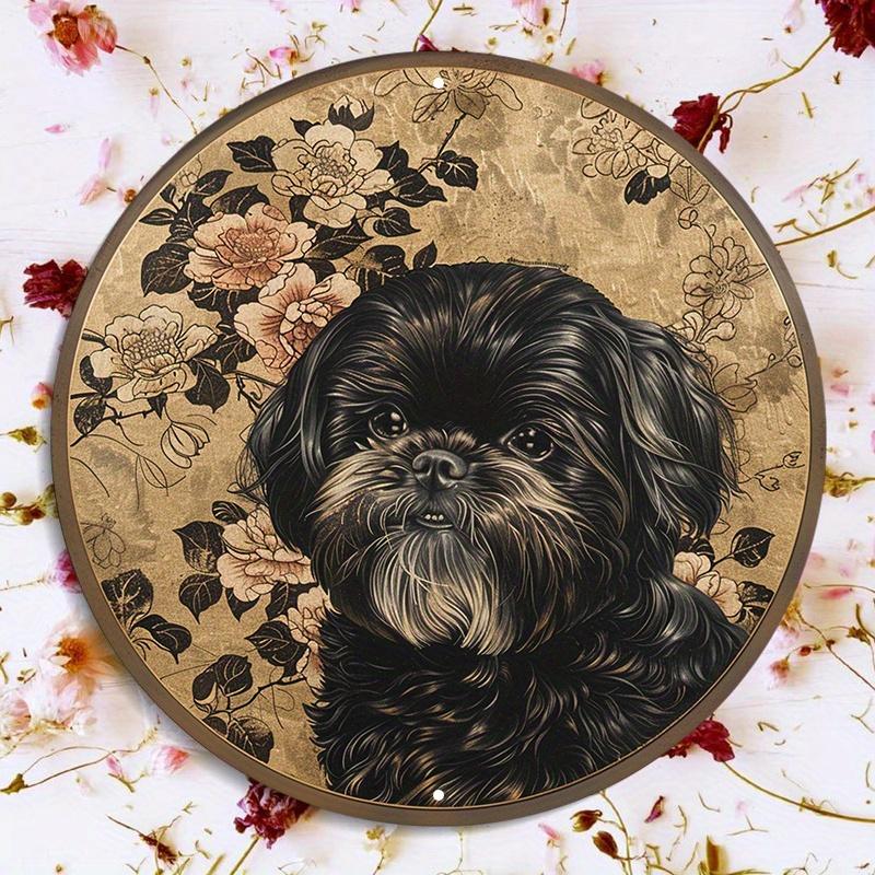 Vintage Floral Shih Tzu Portrait Round Metal Sign D Flat Printed Antique Gold Floral Art Tin Plaque Elegant Black Dog Decor F