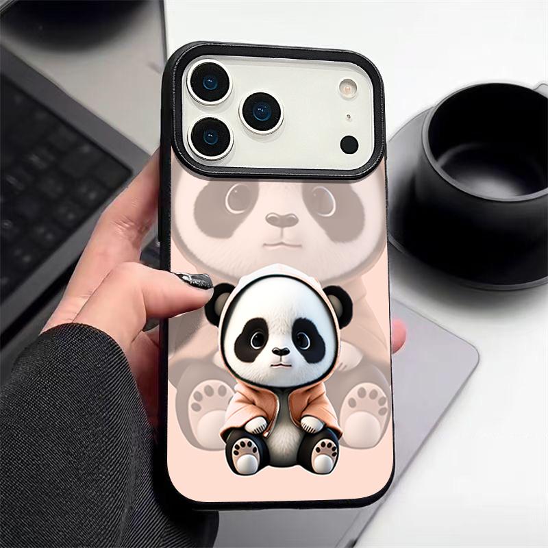 

For iPhone 17 Pro Max Case Leather Black Coat Panda Pattern Texture Silicone Cover For Funda iPhone 16 Pro Max 15 14 13 12 11 Air 16E iPhone 14 Pro MAX чорний