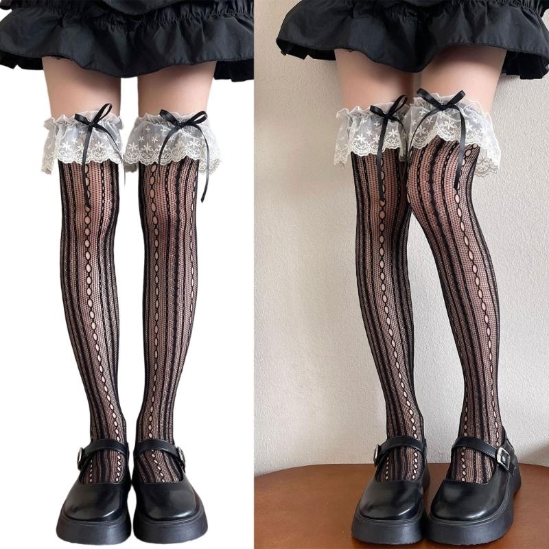 Fishnet Over The Knee Socks With Ruffle Lace Edging And Ribbon Bows Accent Aesthetic Thigh High Stockings For Women