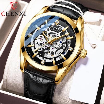 New TOP Brand Luxury Men's Watch With Box Automatic Men's Leather Strap Hollow Waterproof Men's Mechanical Watches