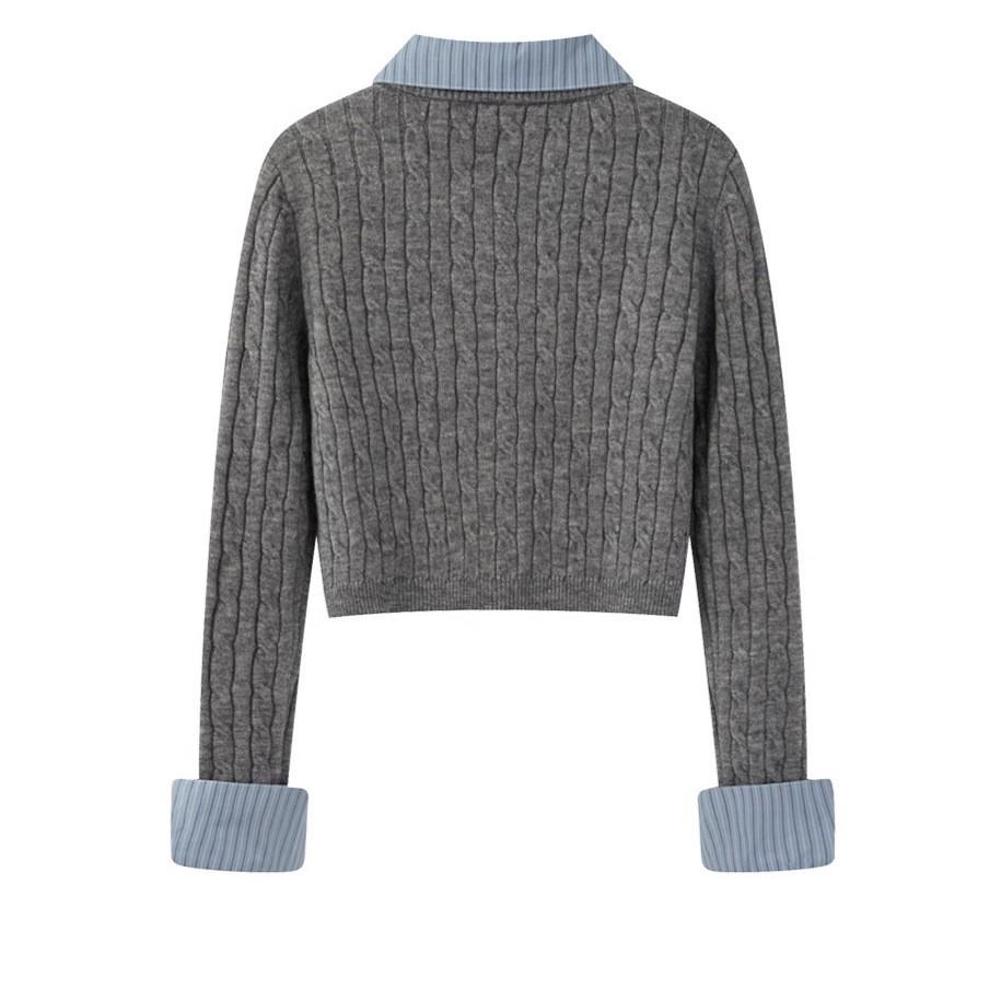 Yangcheng Story Women's Slim Fit Grey Faux Two-Piece Knit Cardigan for Autumn 2025