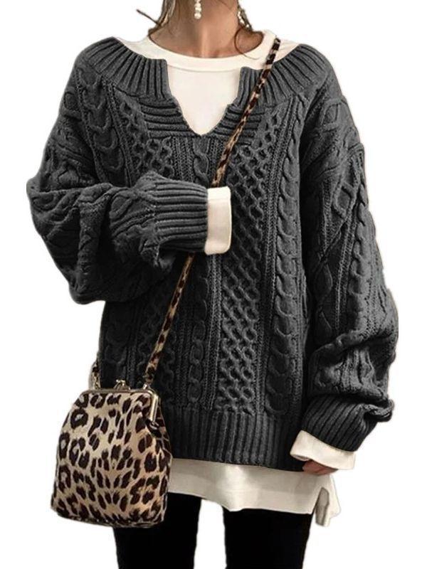 Brown Cable Knit V-Neck Loose Fit Long Sleeve Sweater