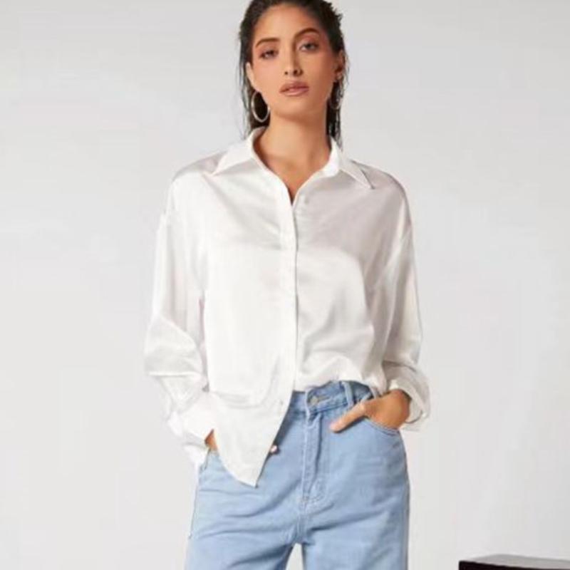 Fashion Long Sleeve Casual Loose Shirts for Women Spring and Summer New Office Ladies Blouses Tops Button Up Lapel Solid Simple Slim Woman Shirt 26257