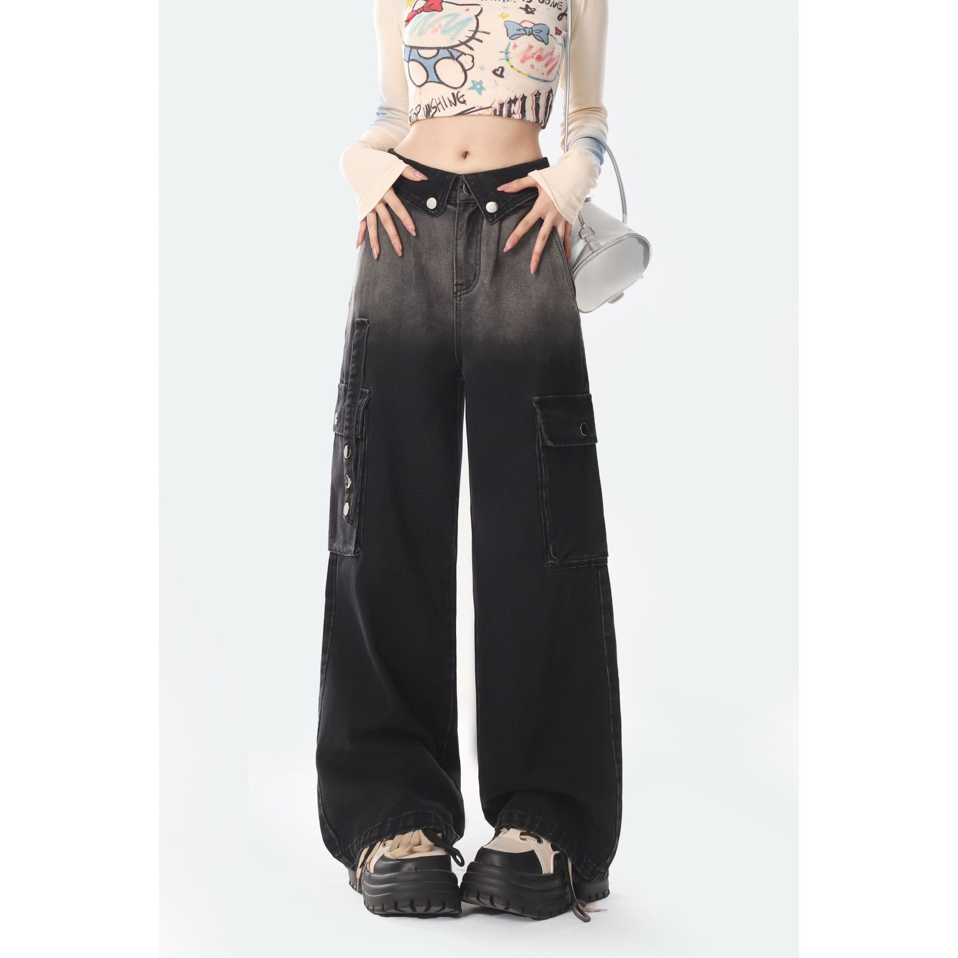 

Толстые и нишевые повседневные широкие брюки с высокой талией, небольшим боди и узким вырезом, женские джинсы-карго с градиентом L чёрный