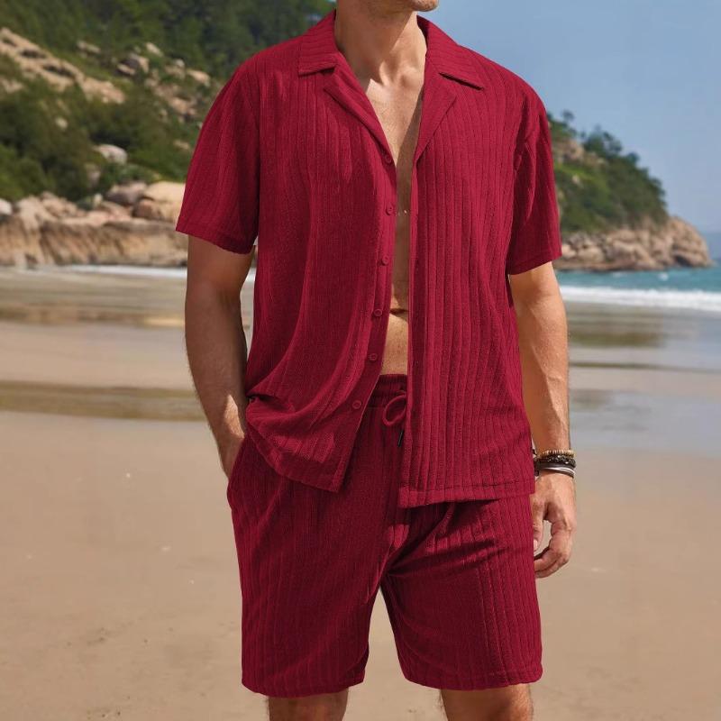 Herren Casual Unifarbenes Kurzarmhemd und Shorts Zweiteiliges Set