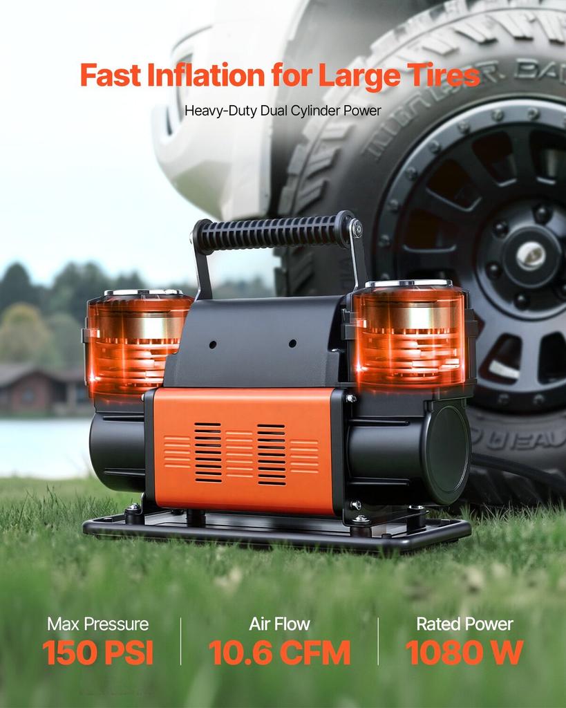 Dual-Cylinder Heavy Duty Air Compressor, 300 L/min Portable Tire Inflator, 12V 150PSI Offroad Air Pump with Digital Pressure Gauge & Adapters for