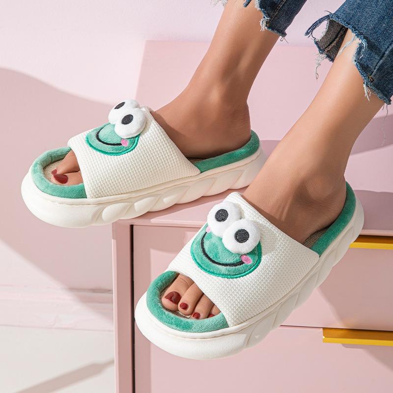 Cross-border Wholesale Home Indoor Cool Slippers Non-slip Deodorant Stepping On Shit Feeling Thick Bottom Cartoon Frog Sandals Linen Slippers