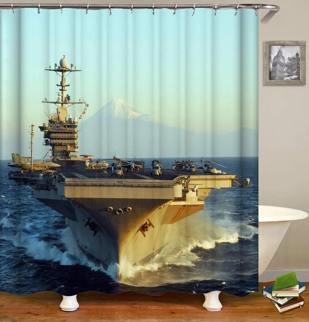 Warcraft Deck Jet Fighter Shower Curtain for Military Fans Bathroom,Warship Plane Coast Shower Curtain Fabric Bathroom Curtains