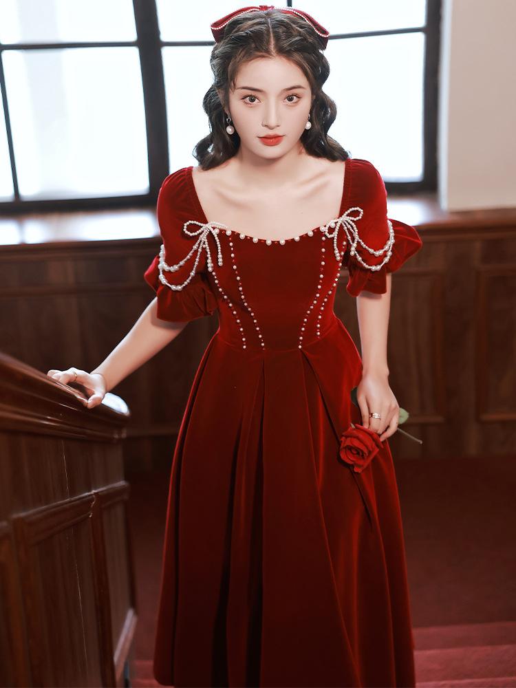 Velvet toasting dress bride 1011 new return engagement dress dress burgundy can usually wear small people