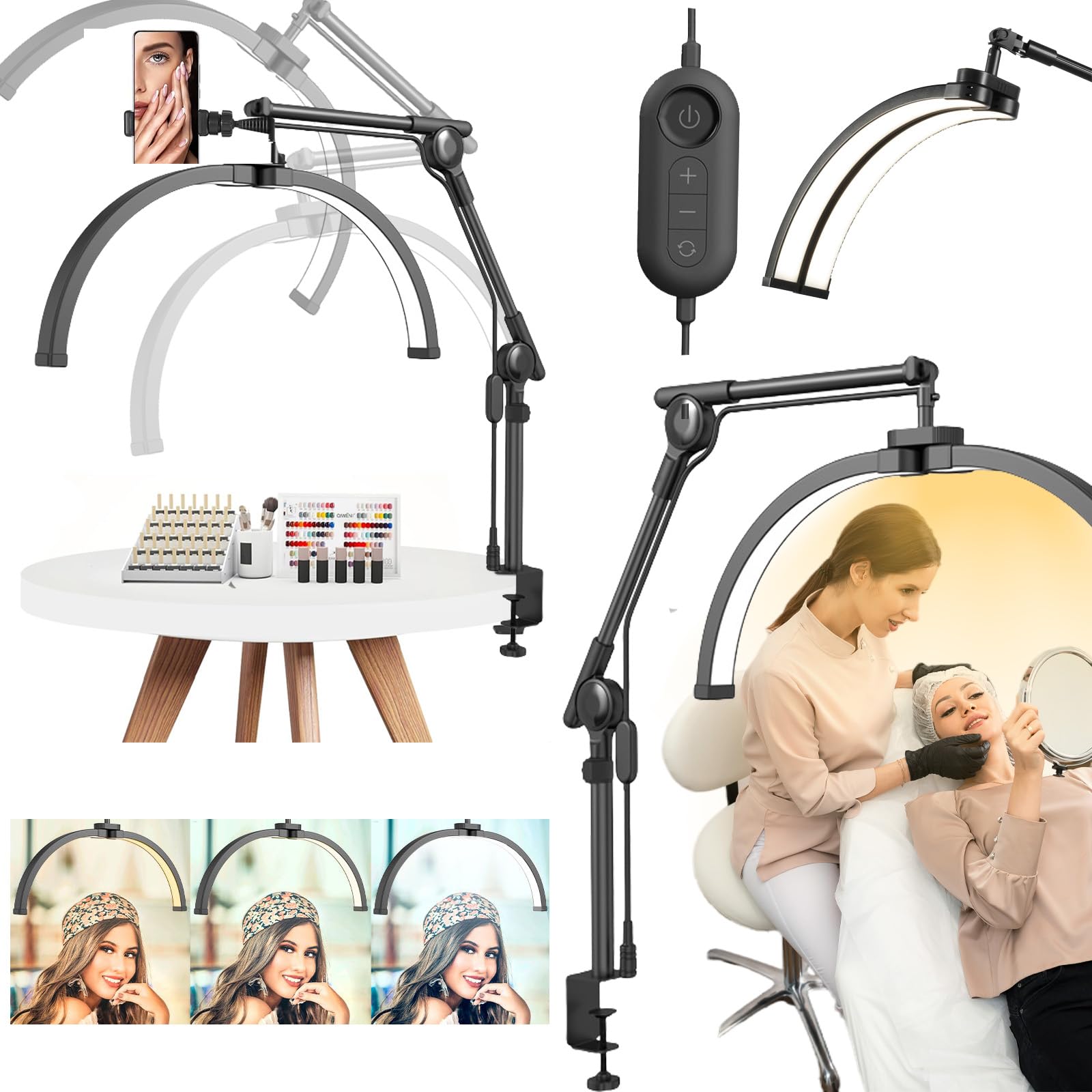 

Foldable Half Moon LED Eyelash Light, Stand Nail Desk Lamp, 3000-6000K, 3 Color Modes & Dimmable, for Eyelash Extensions, Desktop Nail Table Lamp,