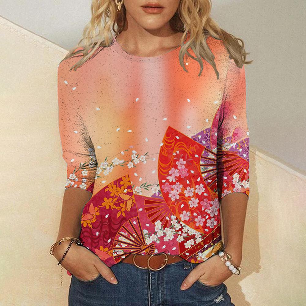 Elegance Women's T-shirts Vintage Flower Print Autumn Casual Long Sleeves T shirt Loose O-neck Women Clothing Pullover Tops