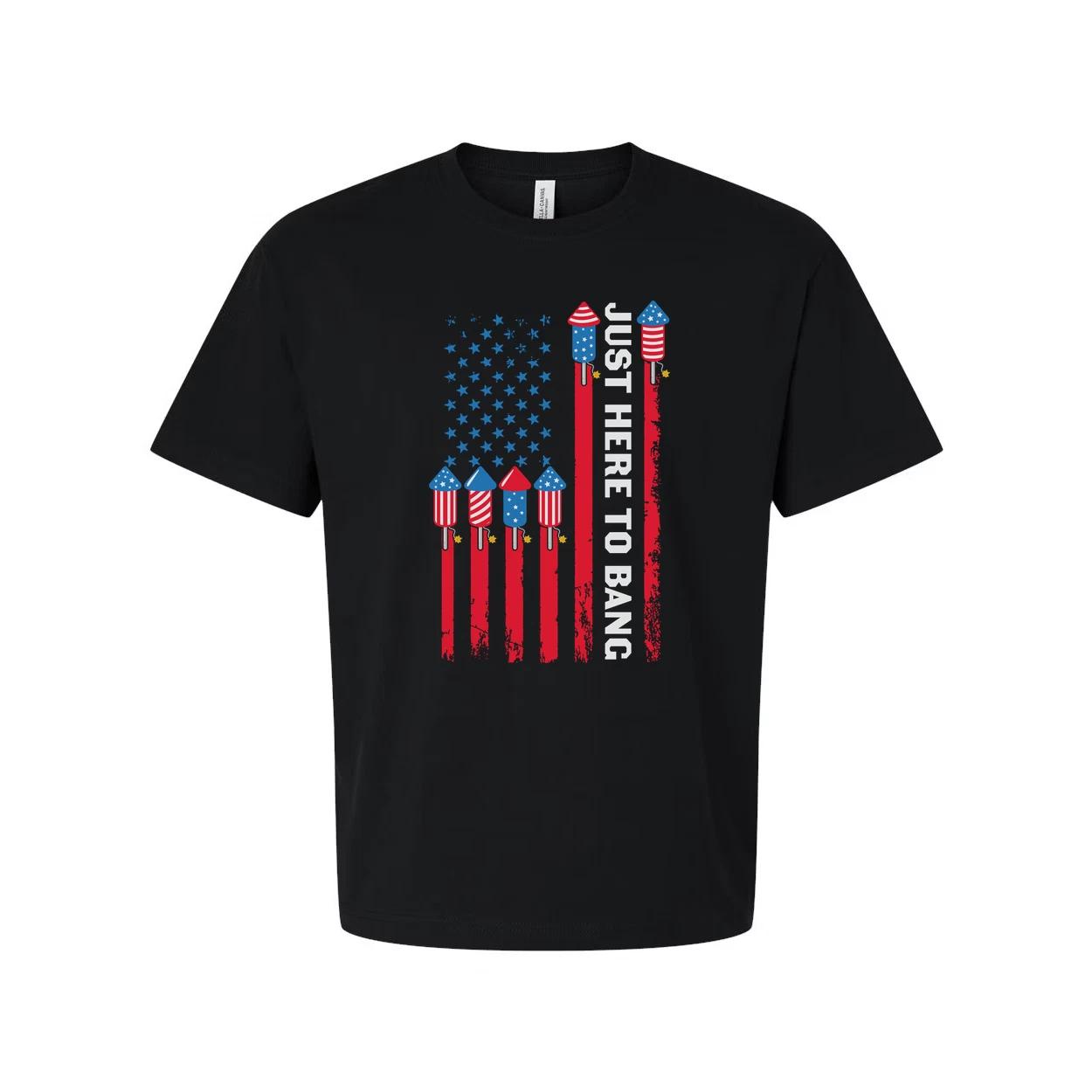 

American Flag Rocket Graphic Unisex T Shirt With Just Here To Bang Text Patrioti 4XL