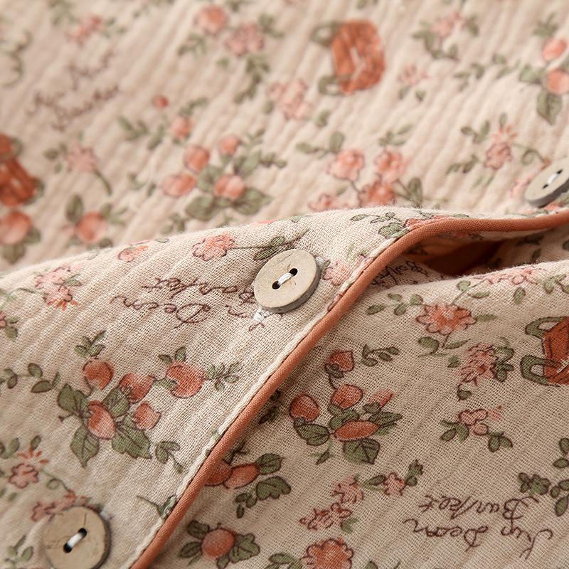 Crepe cotton yarn middle-aged and elderly mother short-sleeved trousers lapel pajamas loungewear set retro floral cardigan breathable