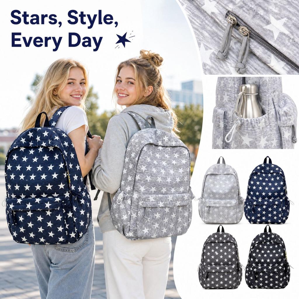 Korean Star Pattern Backpack for Kids, Large Capacity School Backpack for Elementary Students Grades 3-6, Versatile Casual Daypack