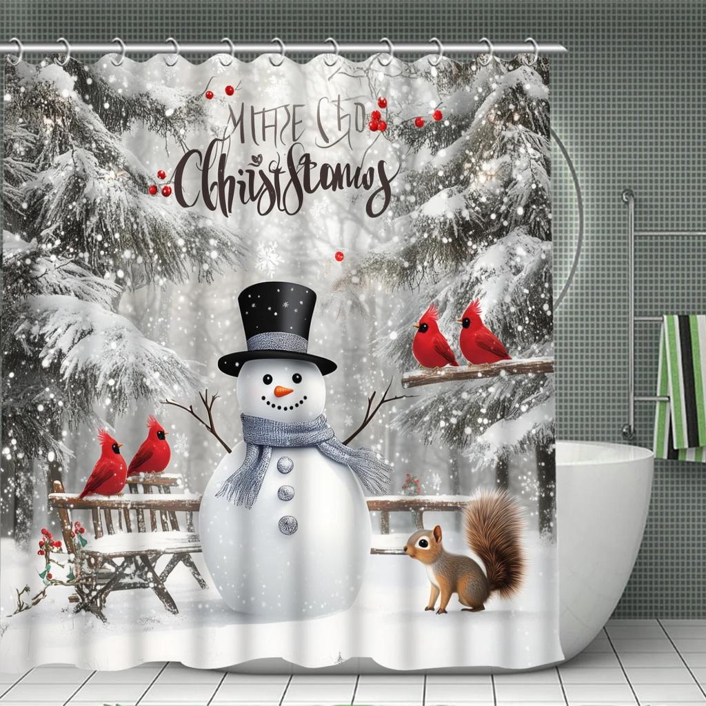 Weihnachts-Schneemann Eichhörnchen Duschvorhang Roter Vogel Winter-Schneeflockenwald Schnee-Landschaft Zeder Rentier Weihnachten Haus Badezimmer Dekoration
