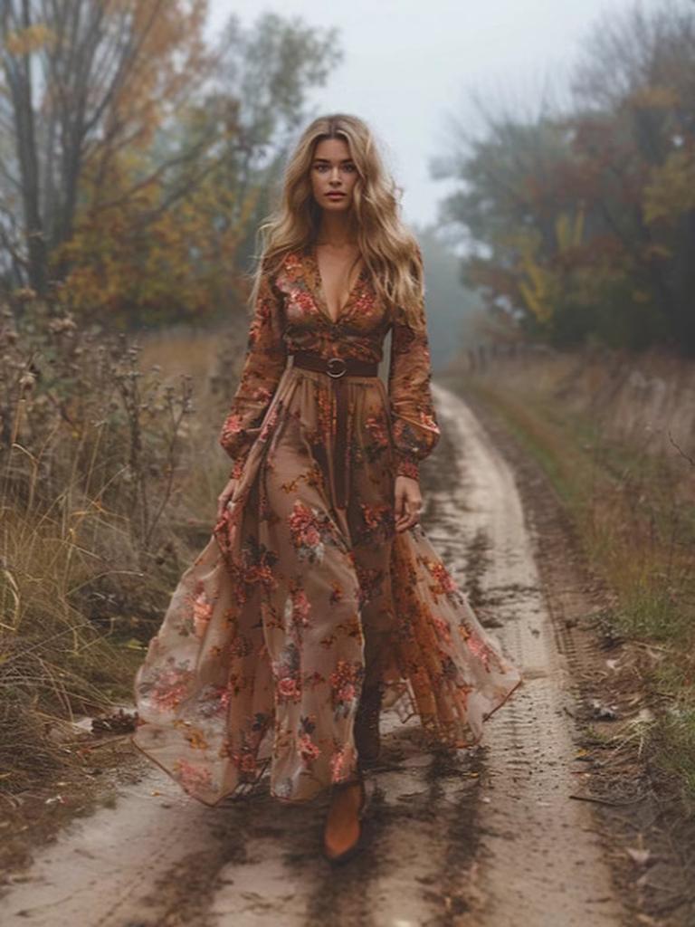 Women's Long Sleeve Digital Print V-Neck Maxi Dress