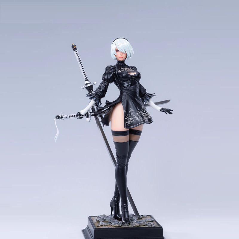 NieR Automata 2B Anime Girl GK Figure Double Head Sculpture High Slit Battle Suit Collectible Statue Desktop Decoration