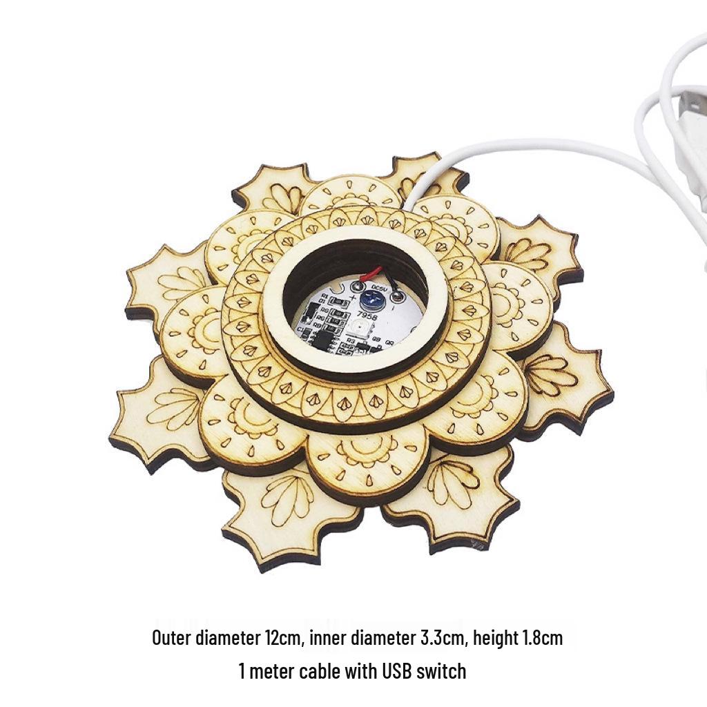 Three-Layer Lotus LED Night Light: Wooden Root Carving Base for Crystal Ball with Cool & Warm Colors