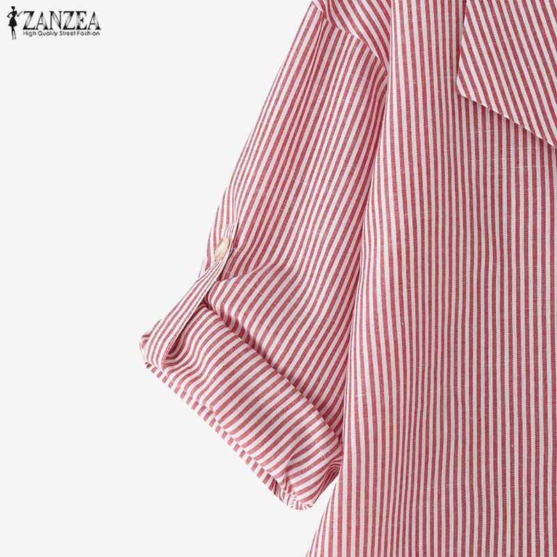 ZANZEA Women Casual Turn Down Collar Long Sleeve Stripe Print Cardigan Blouse