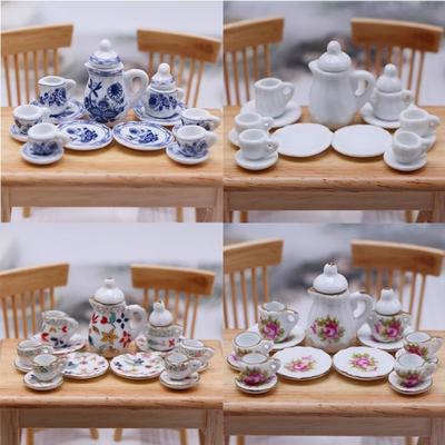Miniatur Puppenhaus Zubehör Miniaturen Sachen Realistisches Mini Geschirr Teetassenset Teekanne Teller Porzellan DIY Deko Ornament für Küche Party