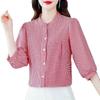 Women's Fashionable Red Plaid Stand-Up Collar Blouse - Seven-Sleeve Loose Fit for Summer 2025