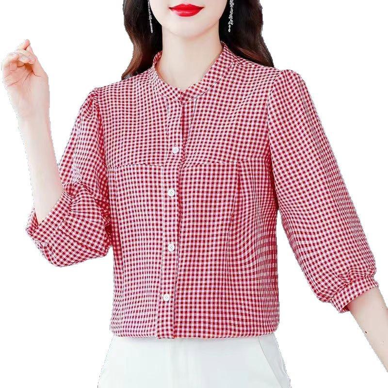Women's Fashionable Red Plaid Stand-Up Collar Blouse - Seven-Sleeve Loose Fit for Summer 2025