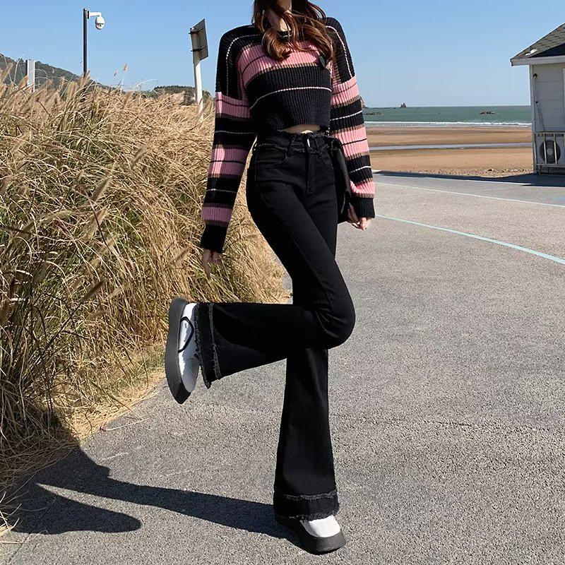 Women's High-Waisted Slimming Black Micro Flare Jeans with Raw Edge - Autumn 2024 Collection