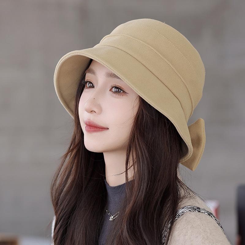 Back Split Bow Bucket Hat Women's Autumn and Winter New Sunscreen Basin Hat Elegant Temperament Versatile Plain Hat