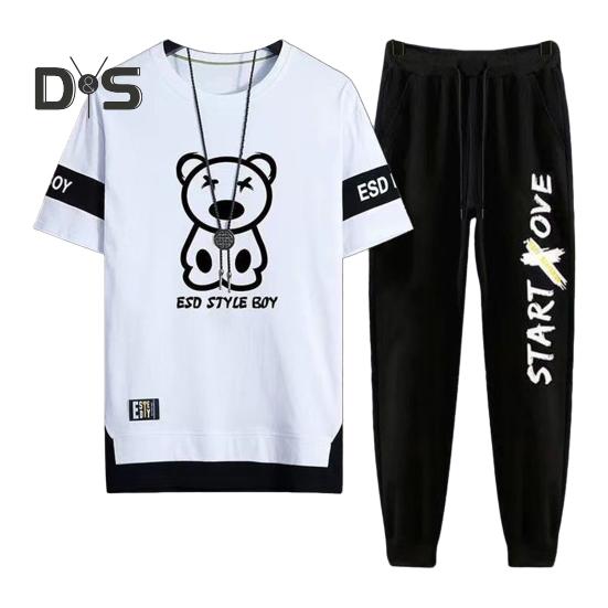 

Мужская повседневная спортивная одежда из 2 шт./компл., футболка с коротким рукавом и рисунком медведя, спортивные штаны с эластичной резинкой на талии, комплект свободной спортивной одежды L белый