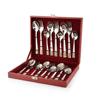 Ensemble de Couverts en Acier Inoxydable 18 Pièces, 6 Cuillères de Table, 6 Fourchettes de Table, 6 Cuillères à Café, Finition Dorée avec Boîte en Similicuir