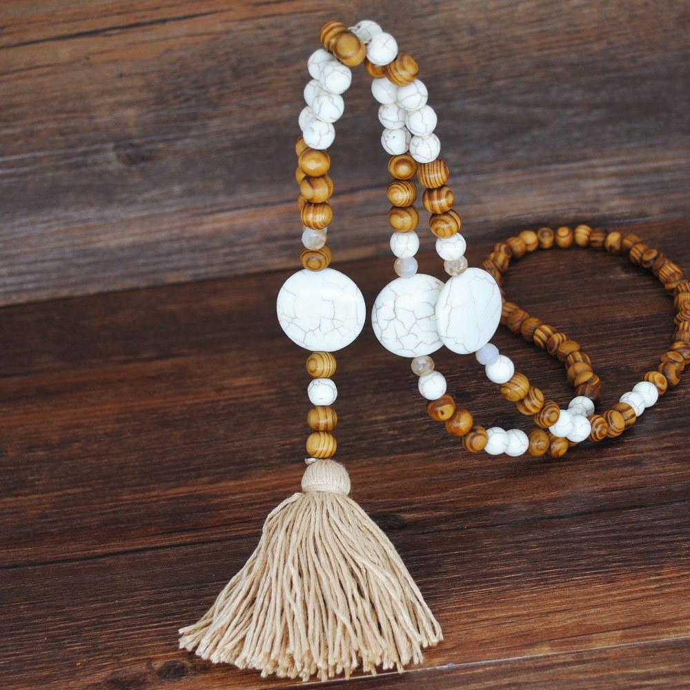 Bohemian Accessories Tassel Sweater Chain Necklace Women's String Wood Bead Long Necklace Jewelry