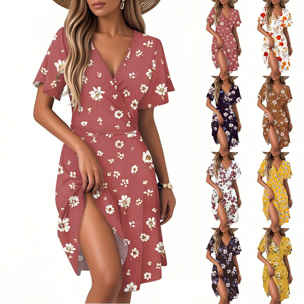 Women's Fashion Short Sleeve Wrap Sundress V-Neck Floral Print Dresses