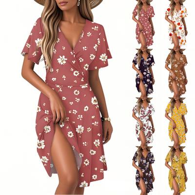 Damenmode Kurzarm Wickel-Sommerkleid V-Ausschnitt Blumendruck Kleider