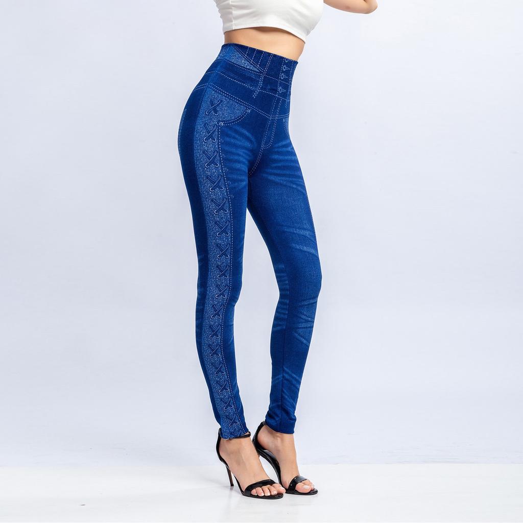 Women's Stretchy Skinny Print Jeggings Lmitation Jeans Seamless Ninth Pants