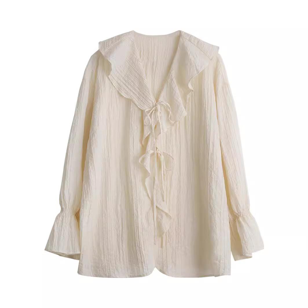 

Женская рубашка, свободные повседневные женские блузки с рюшами по краям, женские рубашки средней длины на шнуровке с v-образным вырезом, весна-лето-осень L бежевый