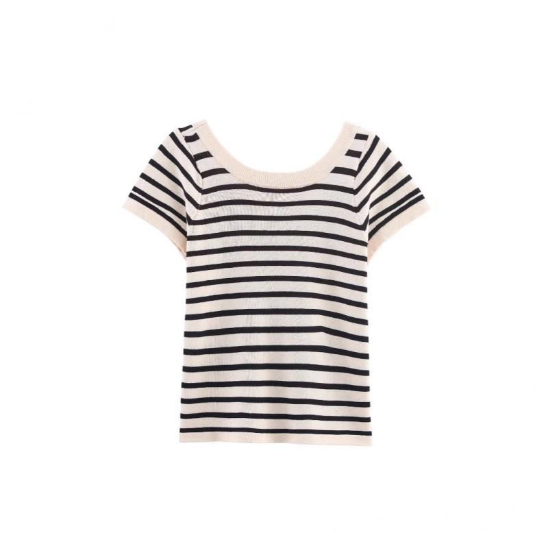 Color Block Striped Crew Neck Short Sleeve Knit T-Shirt Slim Fit Casual Top Women