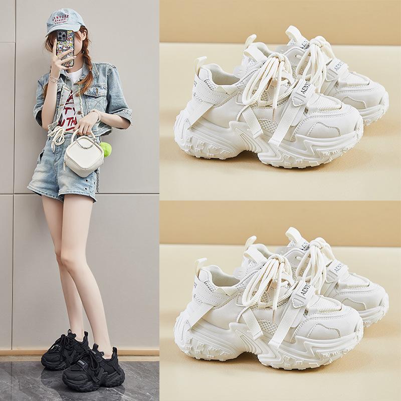 Spring student Xiaobai dad shoes women's mesh breathable niche casual single shoes thick-soled heightening sports shoes