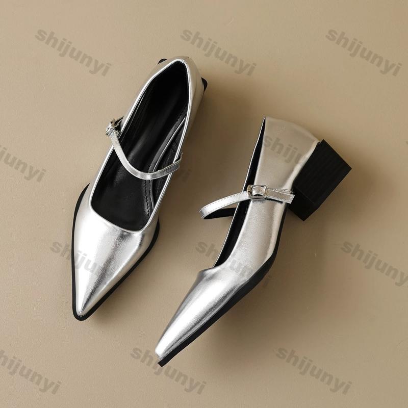 Fashion Woman Fashion Pointy Mary Jane Shoes 2025 Spring New Elegant Pumps Female Sexy Pointed Toe High Heels Thick Heel Party Shoes