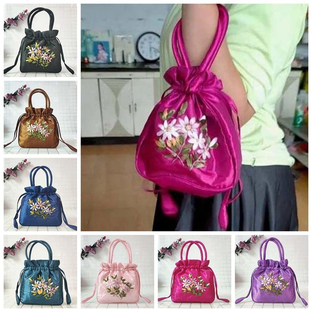 Leaf Embroidery Flower Handbag Satin Silk Small Purse Wallet Hanfu Drawstrings Bag  Ladies/Girls